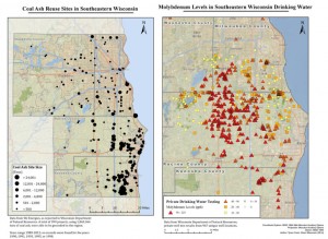 Tyson Cook / Clean Wisconsin In 2014, Clean Wisconsin, an environmental advocacy group, studied nearly 1,000 private wells in southeastern Wisconsin and mapped 399 coal ash disposal sites. Based on the study, the group said wells closer to disposal sites showed higher levels of molybdenum, a toxic metal found in coal ash.