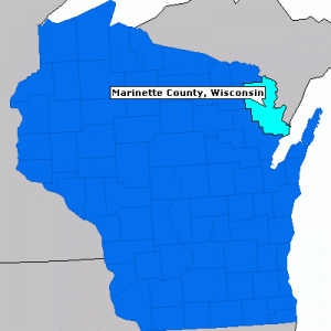 Photo of map of Wisconsin with Marinette County highlighted